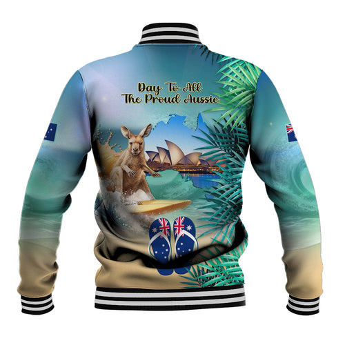 Australia Day 2024 Baseball Jacket Kangaroo Go Surfing Aussie Map Tropical Style