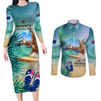 Australia Day 2024 Couples Matching Long Sleeve Bodycon Dress and Long Sleeve Button Shirt Kangaroo Go Surfing Aussie Map Tropical Style