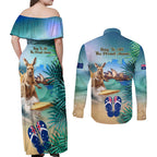 Australia Day 2024 Couples Matching Off Shoulder Maxi Dress and Long Sleeve Button Shirt Kangaroo Go Surfing Aussie Map Tropical Style
