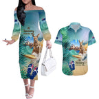 Australia Day 2024 Couples Matching Off The Shoulder Long Sleeve Dress and Hawaiian Shirt Kangaroo Go Surfing Aussie Map Tropical Style