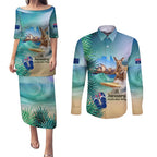 Australia Day 2024 Couples Matching Puletasi and Long Sleeve Button Shirt Kangaroo Go Surfing Aussie Map Tropical Style