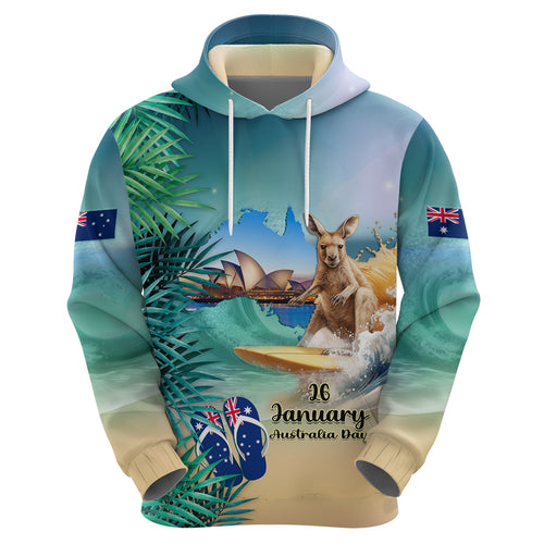 Australia Day 2024 Hoodie Kangaroo Go Surfing Aussie Map Tropical Style