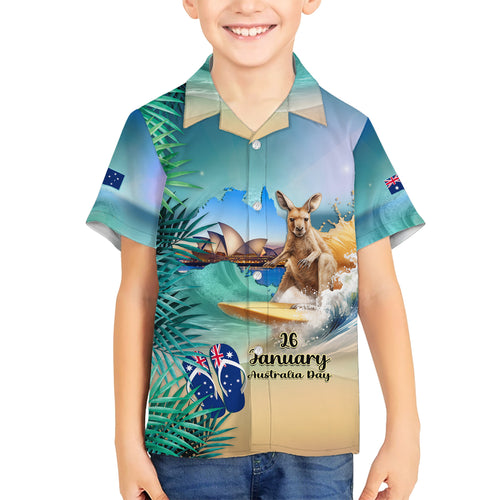 Australia Day 2024 Kid Hawaiian Shirt Kangaroo Go Surfing Aussie Map Tropical Style