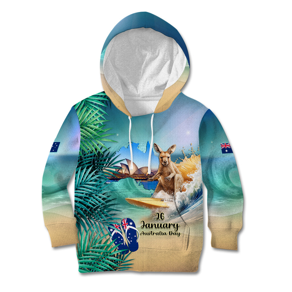 Australia Day 2024 Kid Hoodie Kangaroo Go Surfing Aussie Map Tropical Style
