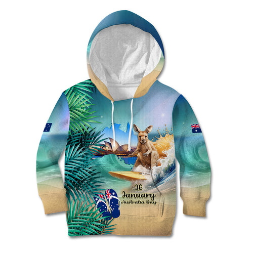 Australia Day 2024 Kid Hoodie Kangaroo Go Surfing Aussie Map Tropical Style