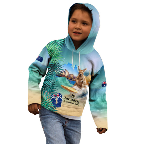 Australia Day 2024 Kid Hoodie Kangaroo Go Surfing Aussie Map Tropical Style