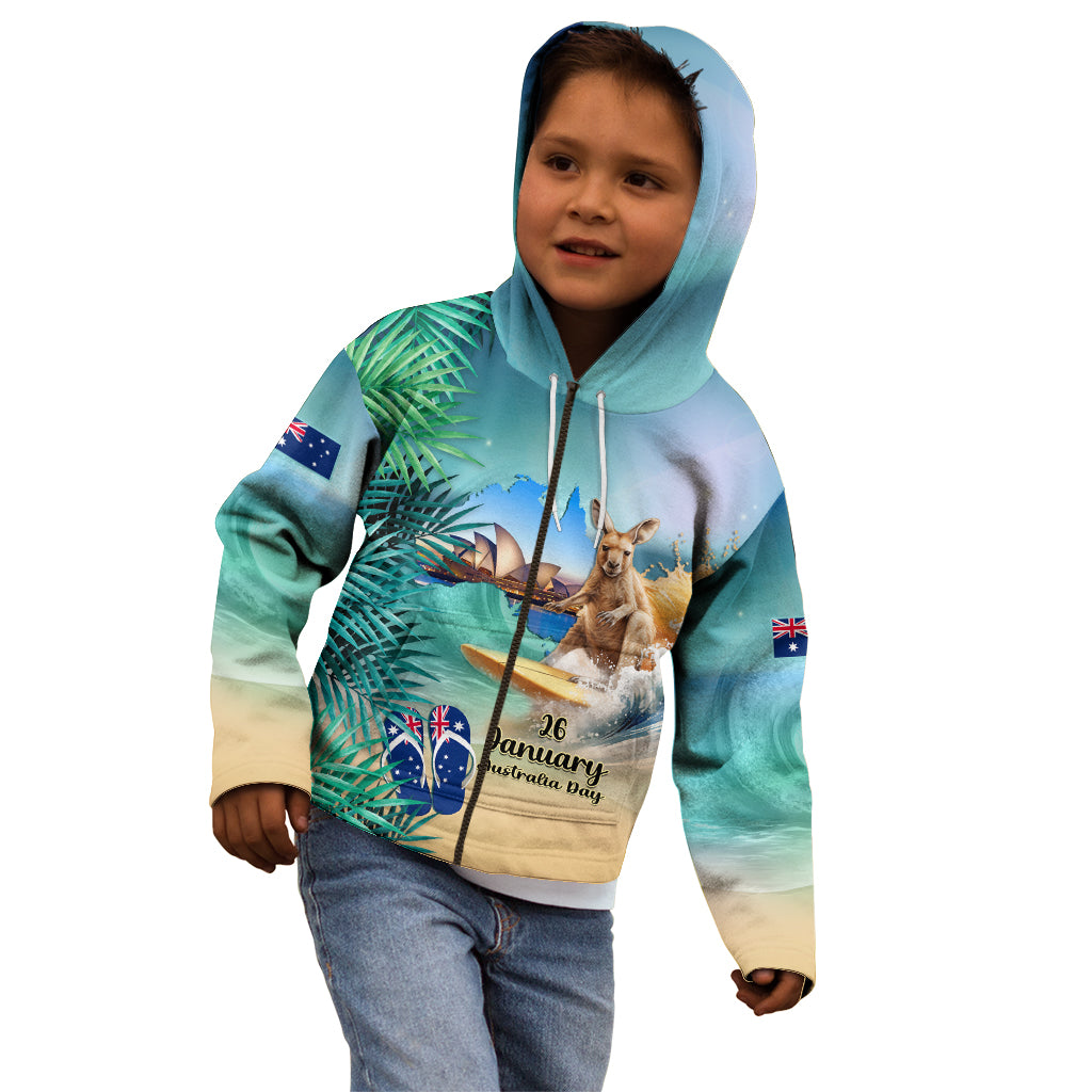 Australia Day 2024 Kid Hoodie Kangaroo Go Surfing Aussie Map Tropical Style