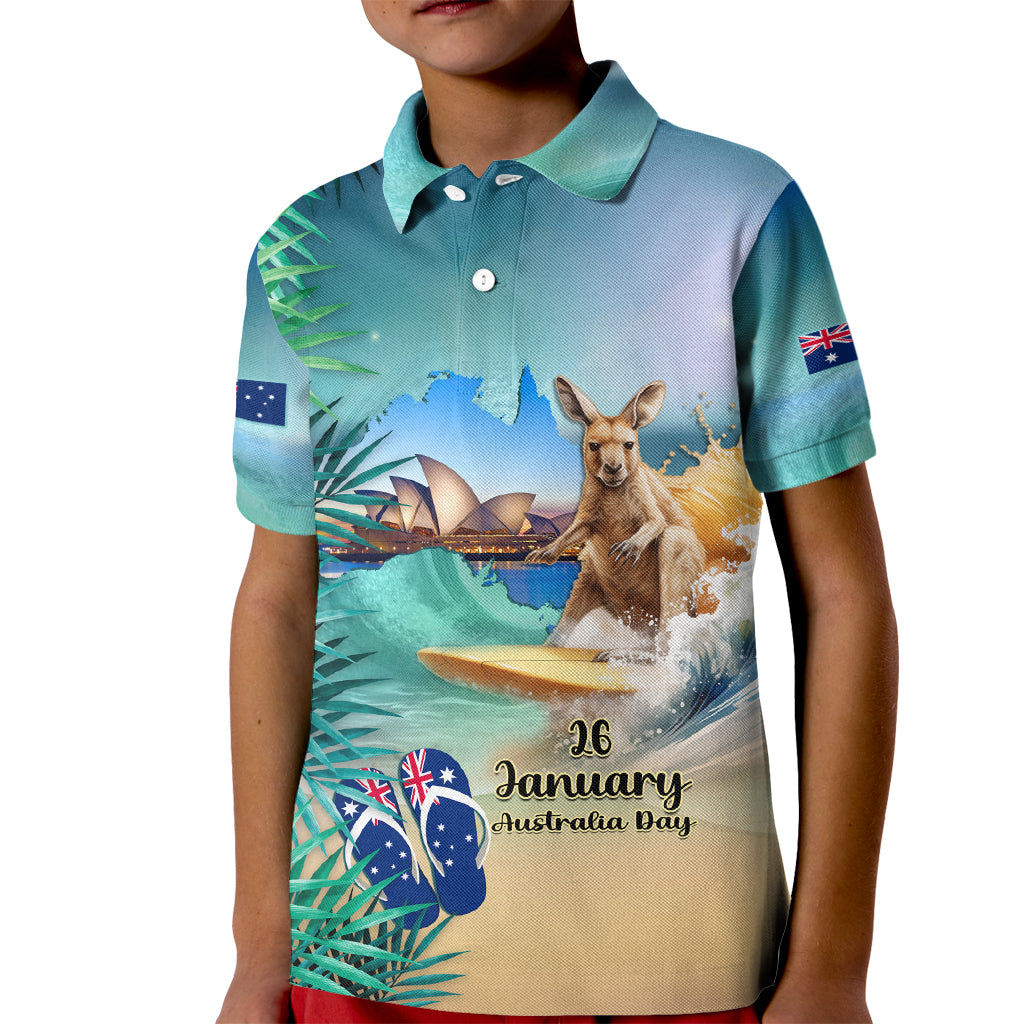 Australia Day 2024 Kid Polo Shirt Kangaroo Go Surfing Aussie Map Tropical Style