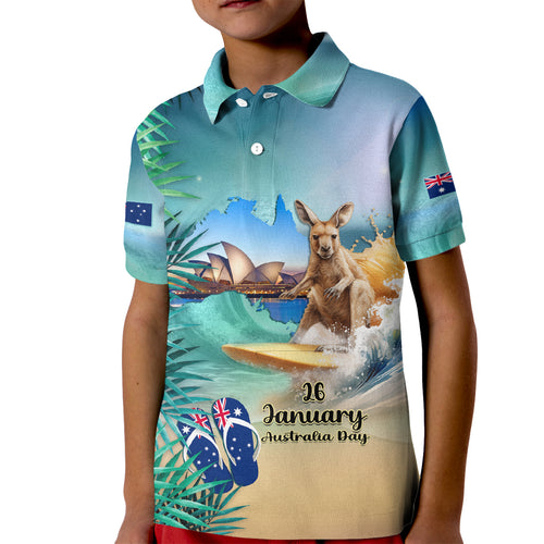 Australia Day 2024 Kid Polo Shirt Kangaroo Go Surfing Aussie Map Tropical Style