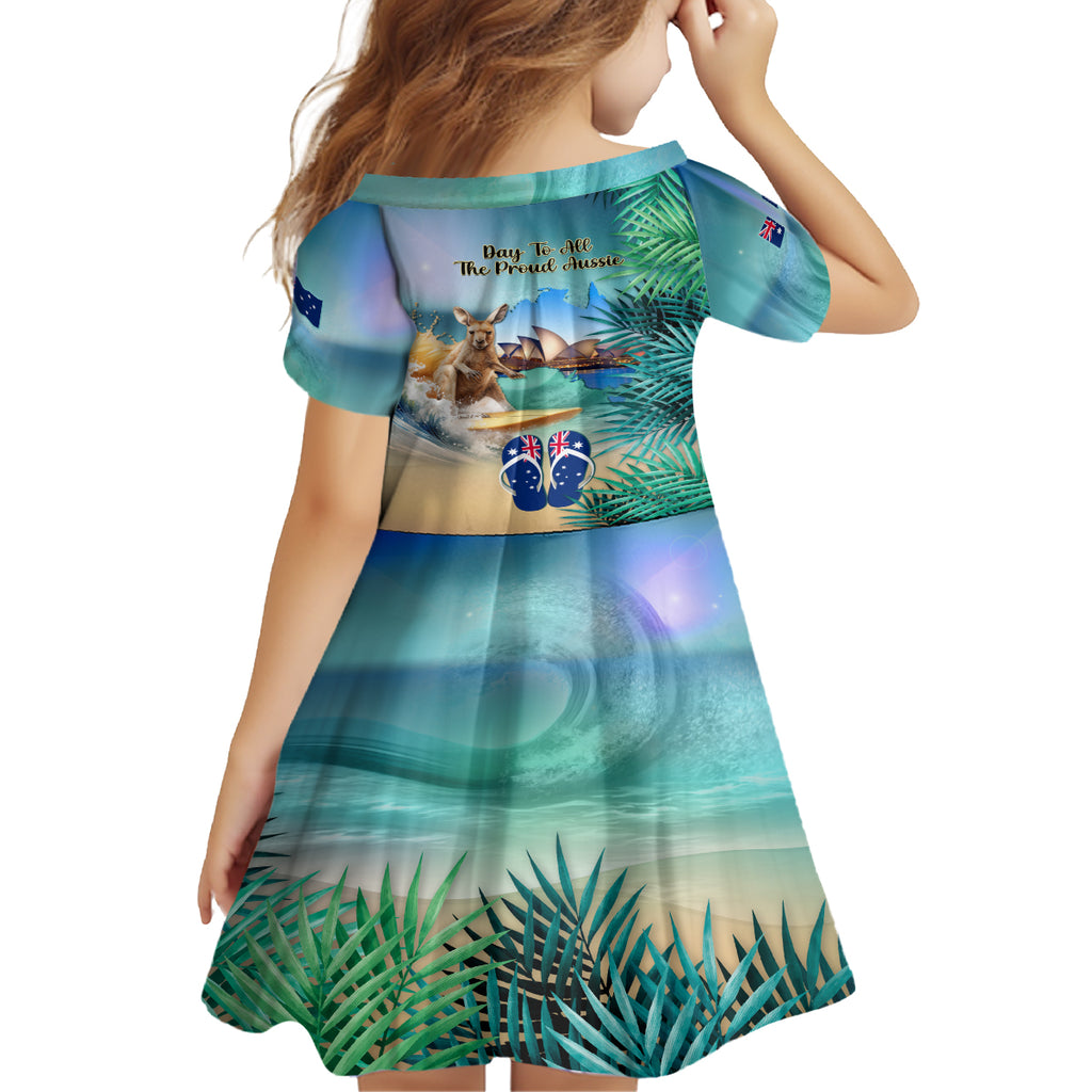 Australia Day 2024 Kid Short Sleeve Dress Kangaroo Go Surfing Aussie Map Tropical Style