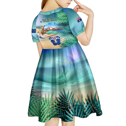 Australia Day 2024 Kid Short Sleeve Dress Kangaroo Go Surfing Aussie Map Tropical Style