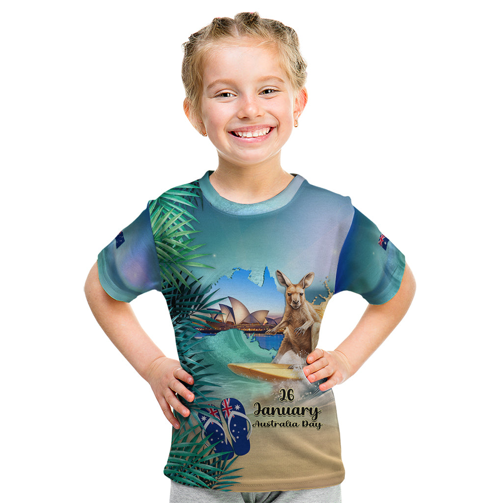 Australia Day 2024 Kid T Shirt Kangaroo Go Surfing Aussie Map Tropical Style