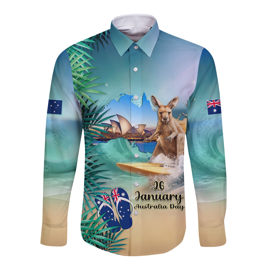 Australia Day 2024 Long Sleeve Button Shirt Kangaroo Go Surfing Aussie Map Tropical Style