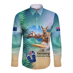 Australia Day 2024 Long Sleeve Button Shirt Kangaroo Go Surfing Aussie Map Tropical Style