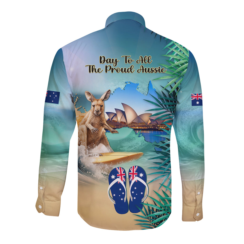 Australia Day 2024 Long Sleeve Button Shirt Kangaroo Go Surfing Aussie Map Tropical Style