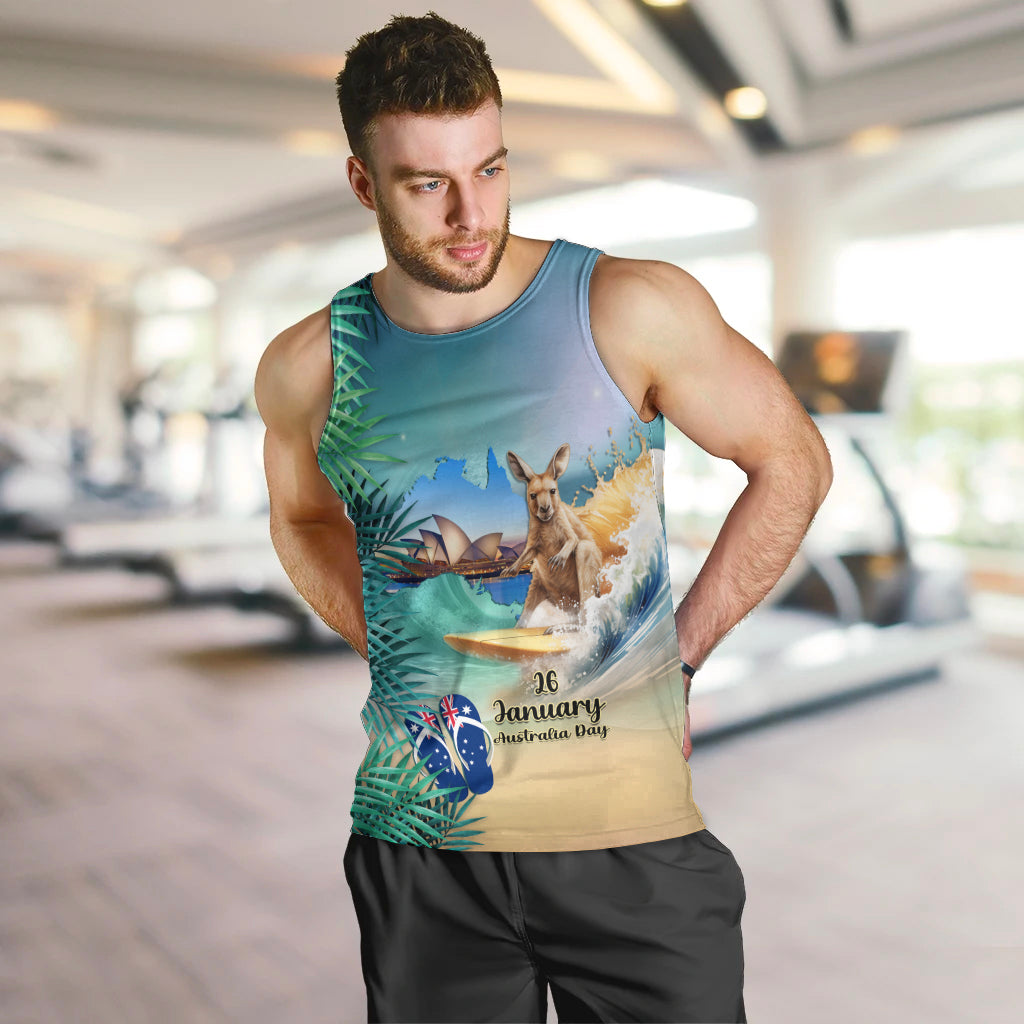 Australia Day 2024 Men Tank Top Kangaroo Go Surfing Aussie Map Tropical Style