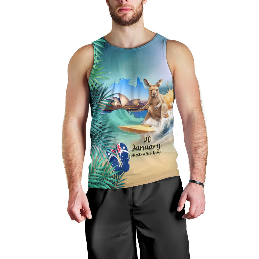 Australia Day 2024 Men Tank Top Kangaroo Go Surfing Aussie Map Tropical Style