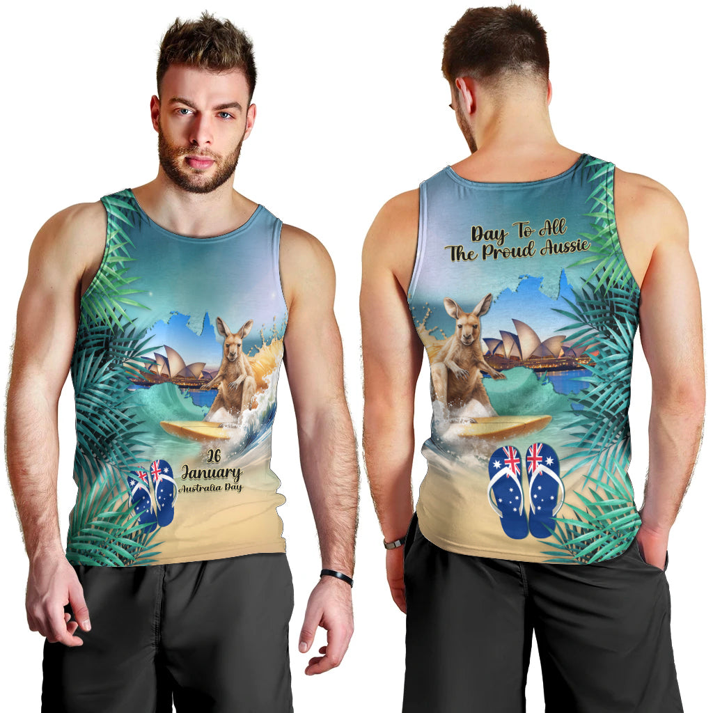Australia Day 2024 Men Tank Top Kangaroo Go Surfing Aussie Map Tropical Style