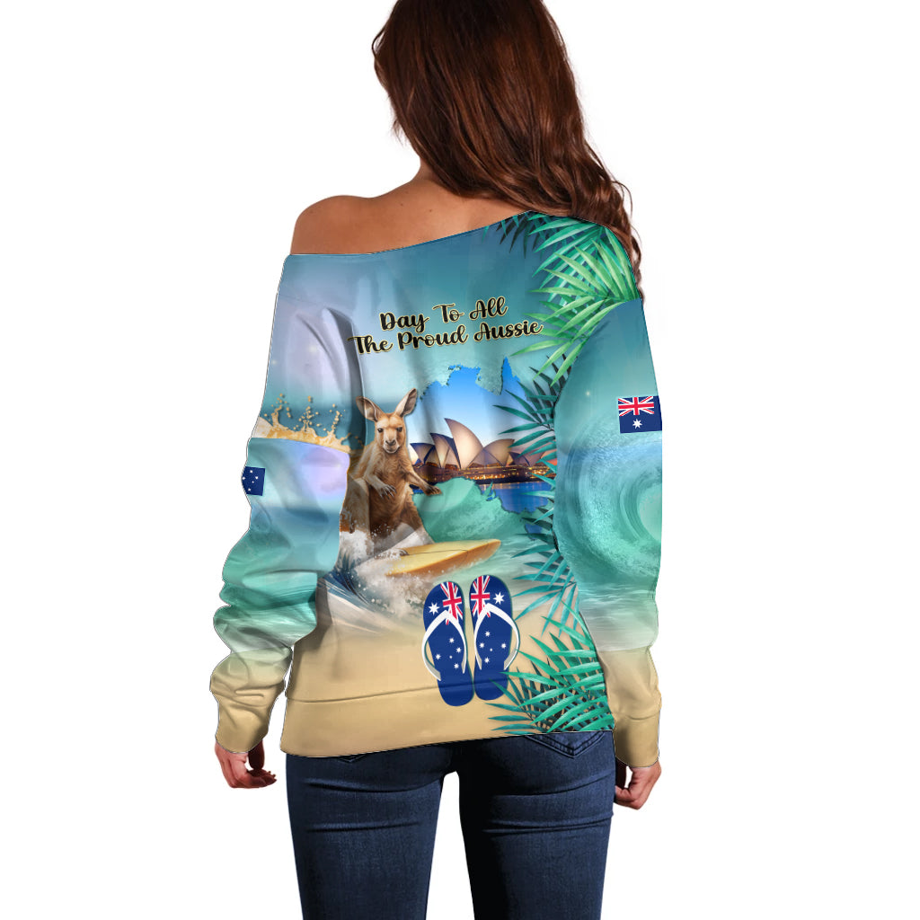 Australia Day 2024 Off Shoulder Sweater Kangaroo Go Surfing Aussie Map Tropical Style