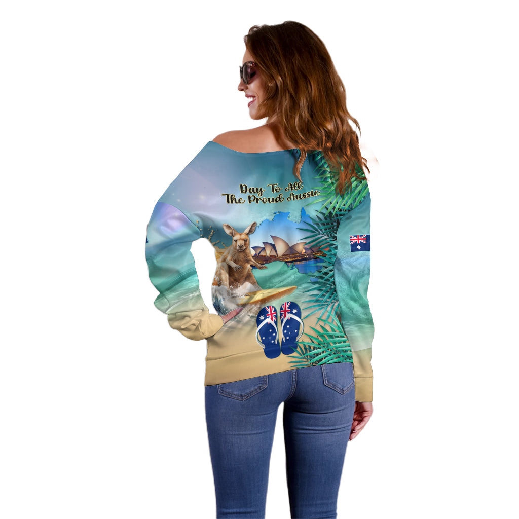 Australia Day 2024 Off Shoulder Sweater Kangaroo Go Surfing Aussie Map Tropical Style