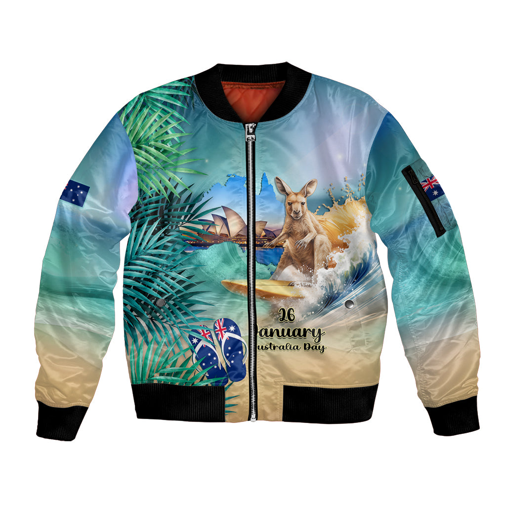 Australia Day 2024 Sleeve Zip Bomber Jacket Kangaroo Go Surfing Aussie Map Tropical Style