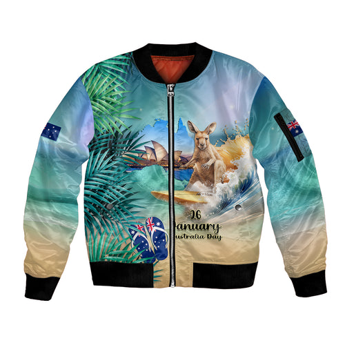 Australia Day 2024 Sleeve Zip Bomber Jacket Kangaroo Go Surfing Aussie Map Tropical Style
