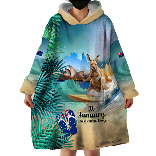 Australia Day 2024 Wearable Blanket Hoodie Kangaroo Go Surfing Aussie Map Tropical Style