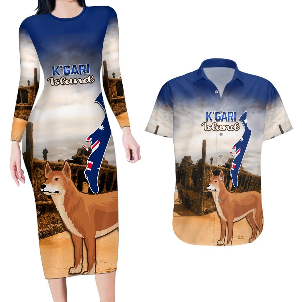 Australia Fraser Island Couples Matching Long Sleeve Bodycon Dress and Hawaiian Shirt Dingo With Maheno Shipwreck K'gari Proud