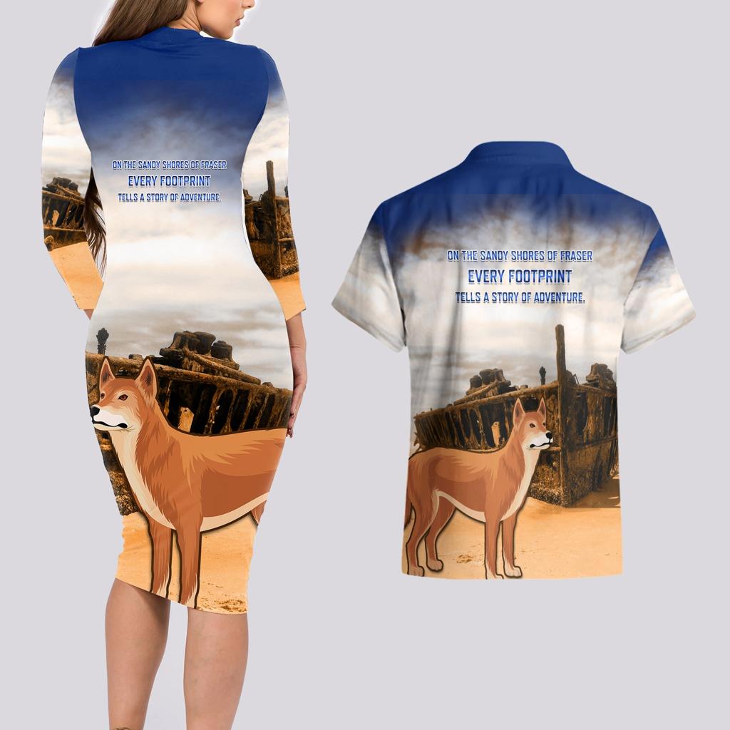 Australia Fraser Island Couples Matching Long Sleeve Bodycon Dress and Hawaiian Shirt Dingo With Maheno Shipwreck K'gari Proud