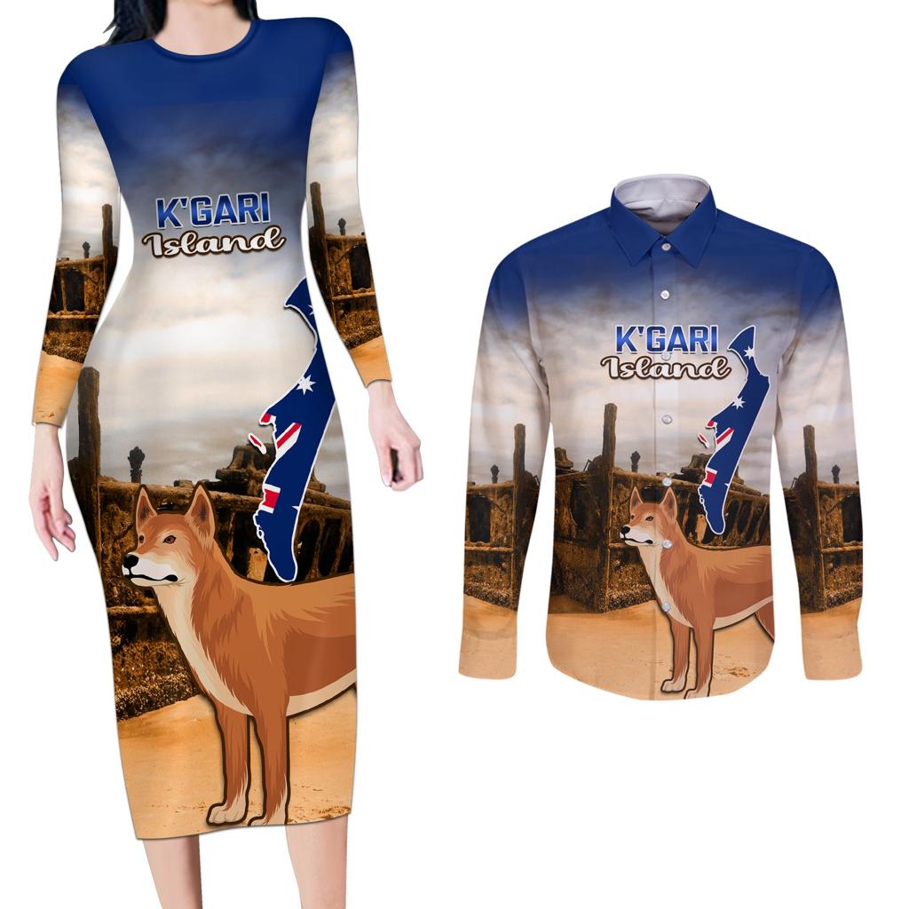 Australia Fraser Island Couples Matching Long Sleeve Bodycon Dress and Long Sleeve Button Shirt Dingo With Maheno Shipwreck K'gari Proud