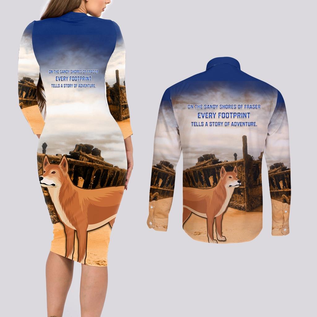 Australia Fraser Island Couples Matching Long Sleeve Bodycon Dress and Long Sleeve Button Shirt Dingo With Maheno Shipwreck K'gari Proud