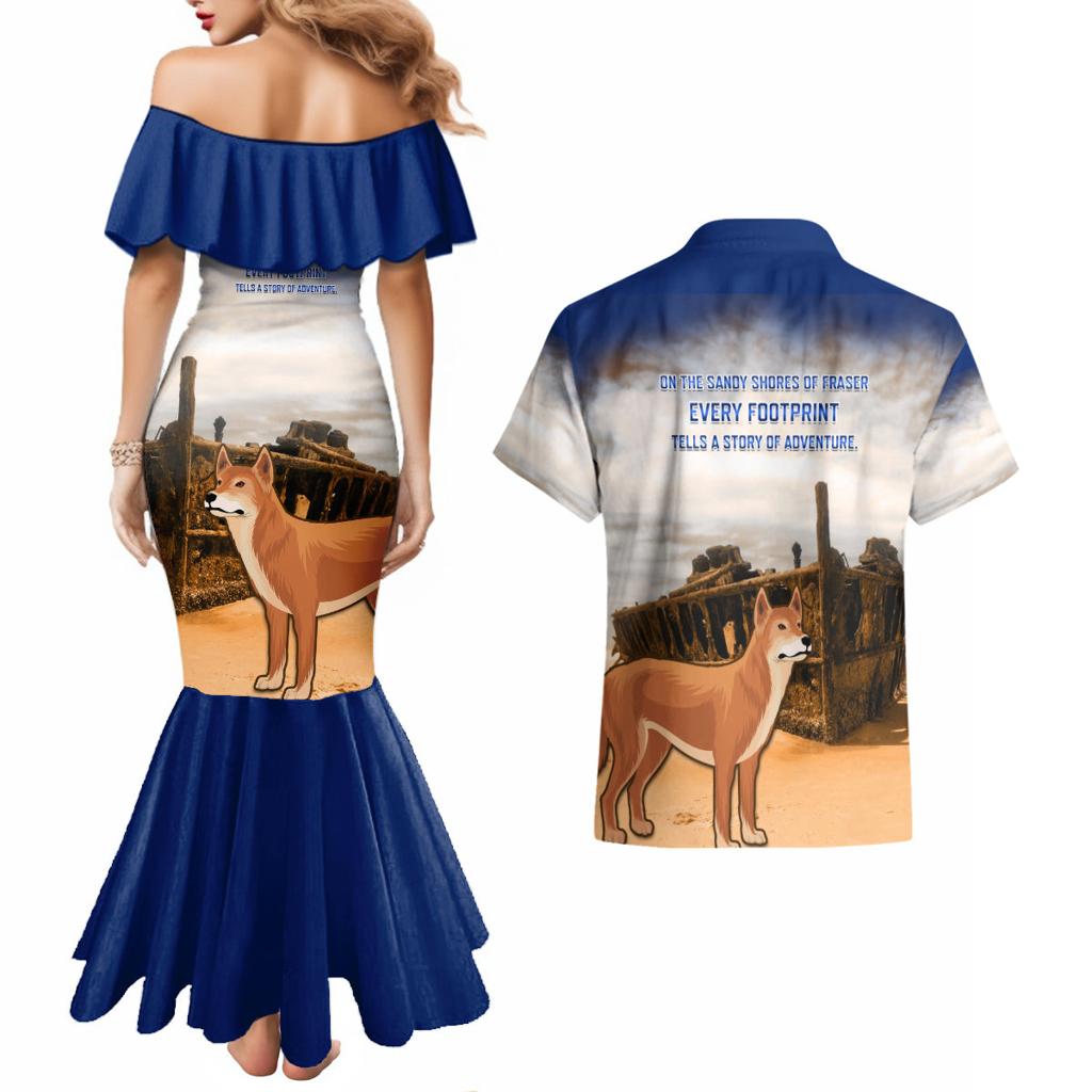 Australia Fraser Island Couples Matching Mermaid Dress and Hawaiian Shirt Dingo With Maheno Shipwreck K'gari Proud