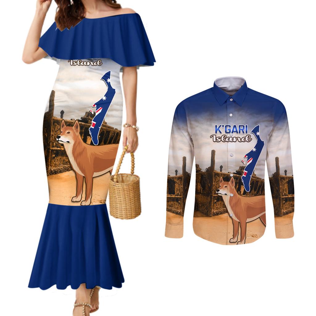 Australia Fraser Island Couples Matching Mermaid Dress and Long Sleeve Button Shirt Dingo With Maheno Shipwreck K'gari Proud