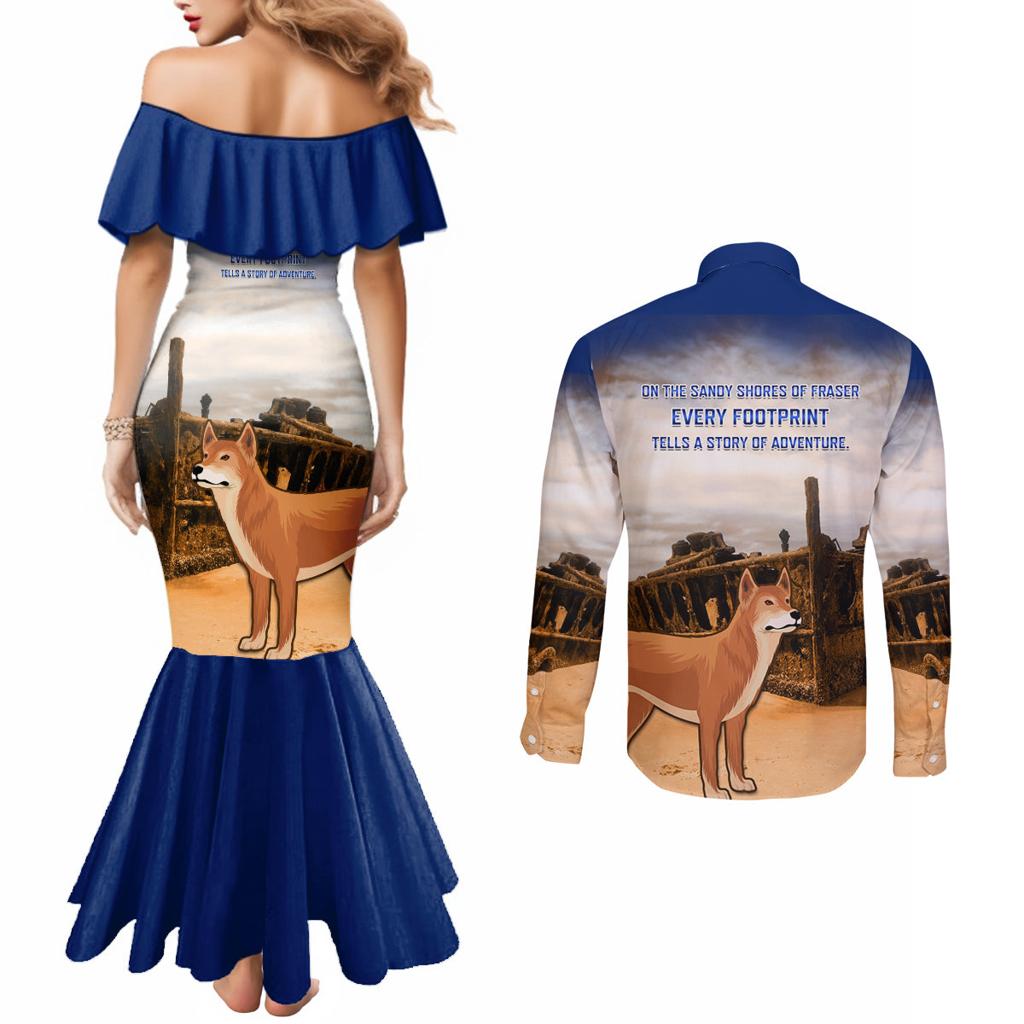 Australia Fraser Island Couples Matching Mermaid Dress and Long Sleeve Button Shirt Dingo With Maheno Shipwreck K'gari Proud