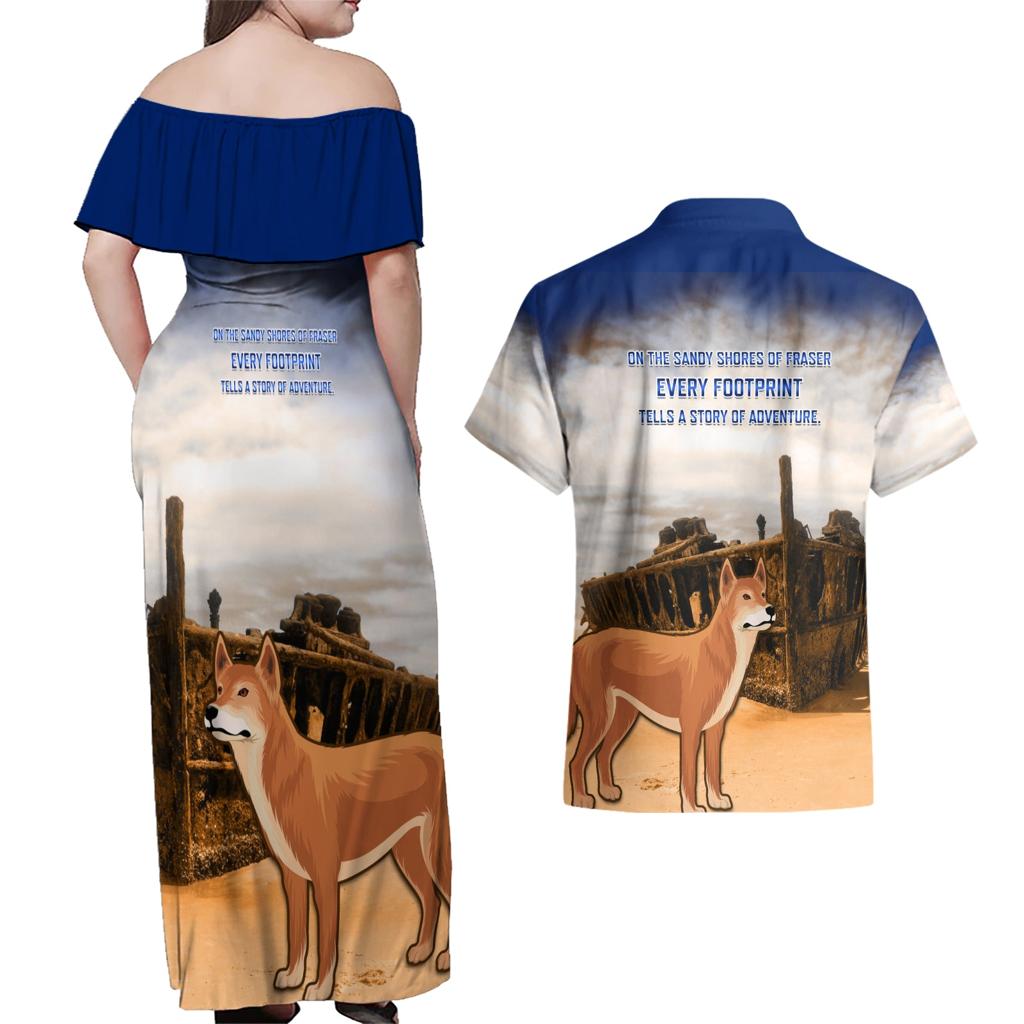 Australia Fraser Island Couples Matching Off Shoulder Maxi Dress and Hawaiian Shirt Dingo With Maheno Shipwreck K'gari Proud