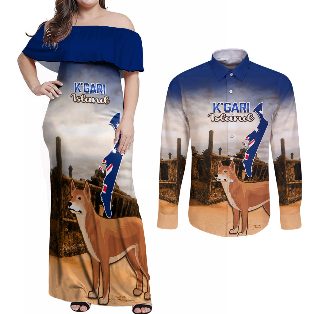 Australia Fraser Island Couples Matching Off Shoulder Maxi Dress and Long Sleeve Button Shirt Dingo With Maheno Shipwreck K'gari Proud