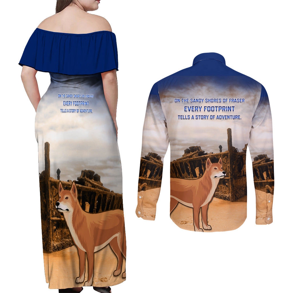 Australia Fraser Island Couples Matching Off Shoulder Maxi Dress and Long Sleeve Button Shirt Dingo With Maheno Shipwreck K'gari Proud