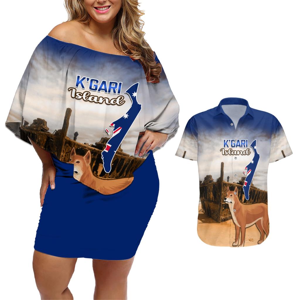 Australia Fraser Island Couples Matching Off Shoulder Short Dress and Hawaiian Shirt Dingo With Maheno Shipwreck K'gari Proud