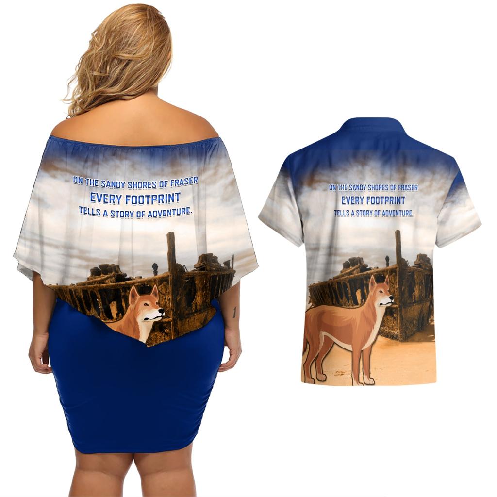 Australia Fraser Island Couples Matching Off Shoulder Short Dress and Hawaiian Shirt Dingo With Maheno Shipwreck K'gari Proud