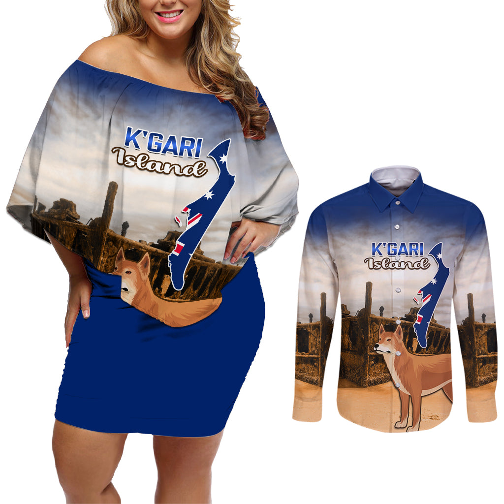 Australia Fraser Island Couples Matching Off Shoulder Short Dress and Long Sleeve Button Shirt Dingo With Maheno Shipwreck K'gari Proud