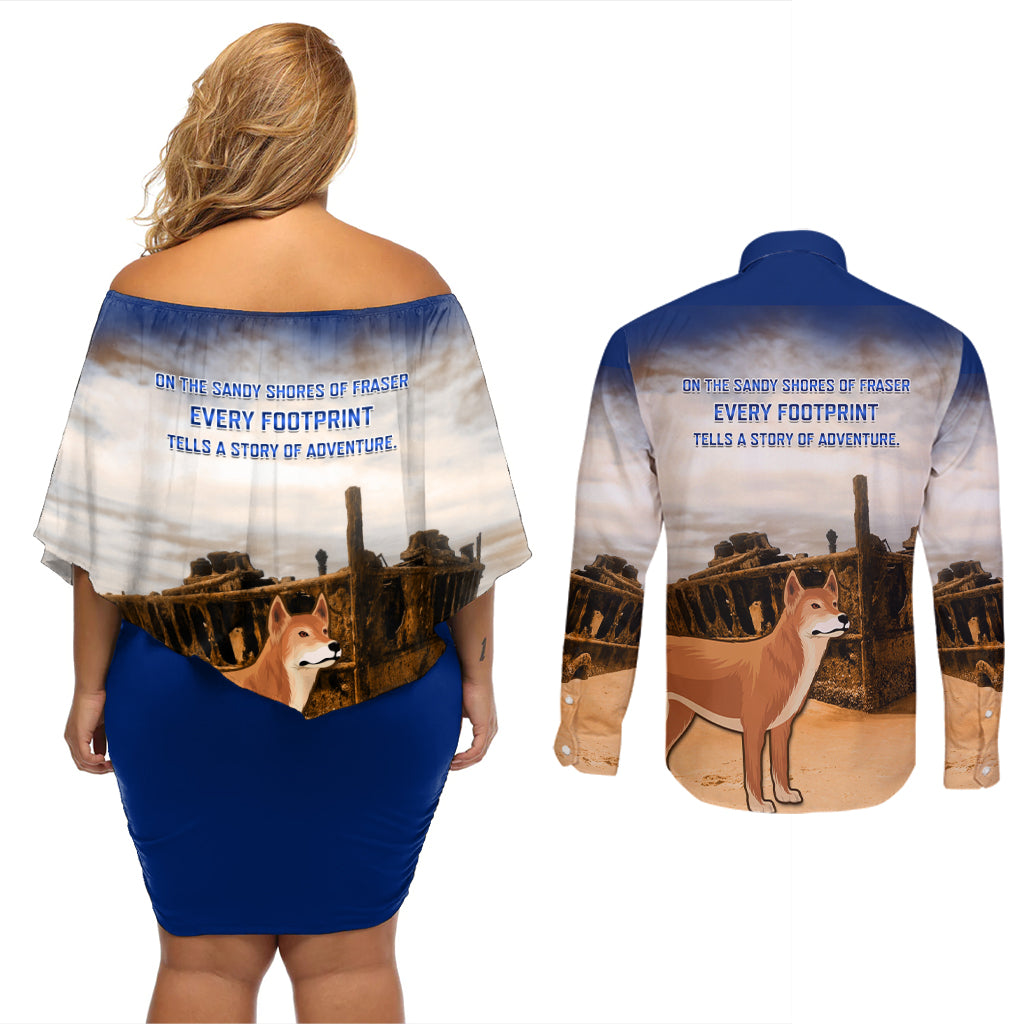 Australia Fraser Island Couples Matching Off Shoulder Short Dress and Long Sleeve Button Shirt Dingo With Maheno Shipwreck K'gari Proud