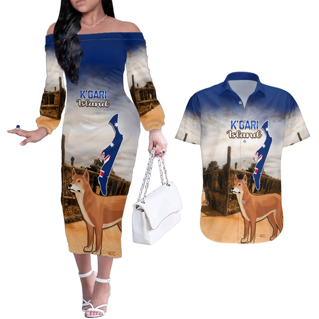 Australia Fraser Island Couples Matching Off The Shoulder Long Sleeve Dress and Hawaiian Shirt Dingo With Maheno Shipwreck K'gari Proud