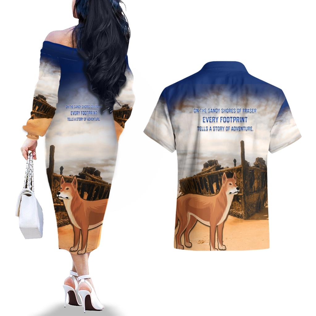 Australia Fraser Island Couples Matching Off The Shoulder Long Sleeve Dress and Hawaiian Shirt Dingo With Maheno Shipwreck K'gari Proud