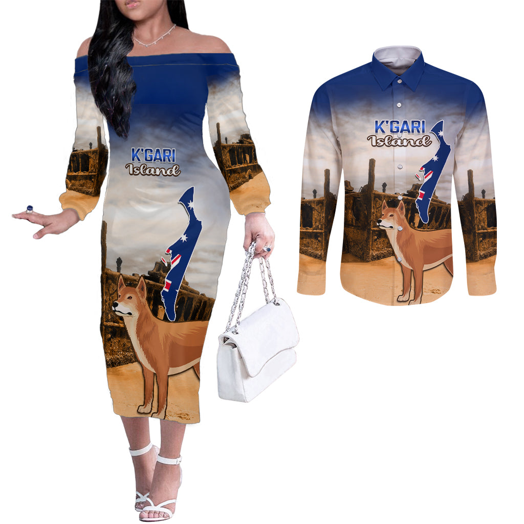 Australia Fraser Island Couples Matching Off The Shoulder Long Sleeve Dress and Long Sleeve Button Shirt Dingo With Maheno Shipwreck K'gari Proud