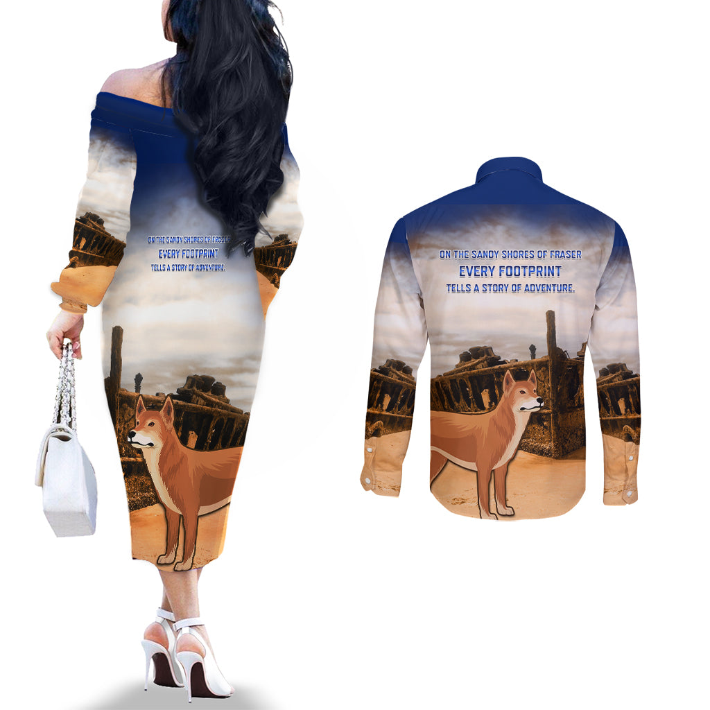 Australia Fraser Island Couples Matching Off The Shoulder Long Sleeve Dress and Long Sleeve Button Shirt Dingo With Maheno Shipwreck K'gari Proud