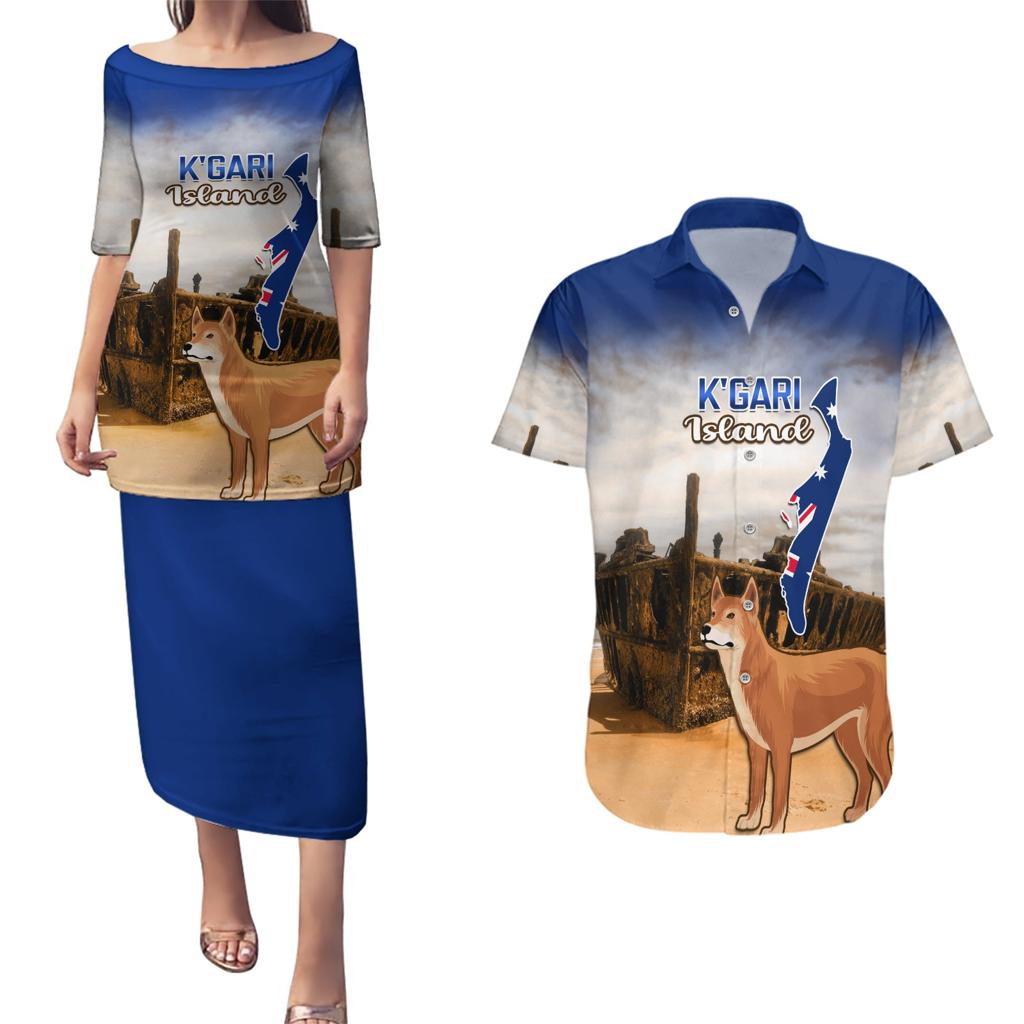 Australia Fraser Island Couples Matching Puletasi and Hawaiian Shirt Dingo With Maheno Shipwreck K'gari Proud