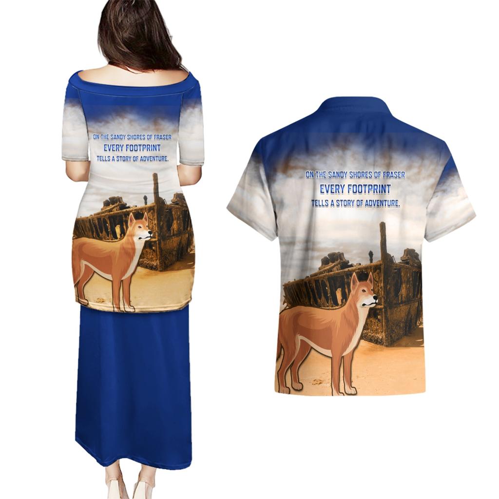 Australia Fraser Island Couples Matching Puletasi and Hawaiian Shirt Dingo With Maheno Shipwreck K'gari Proud
