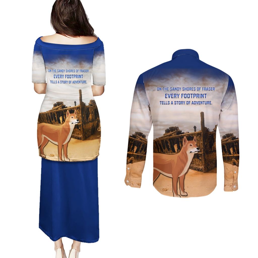 Australia Fraser Island Couples Matching Puletasi and Long Sleeve Button Shirt Dingo With Maheno Shipwreck K'gari Proud
