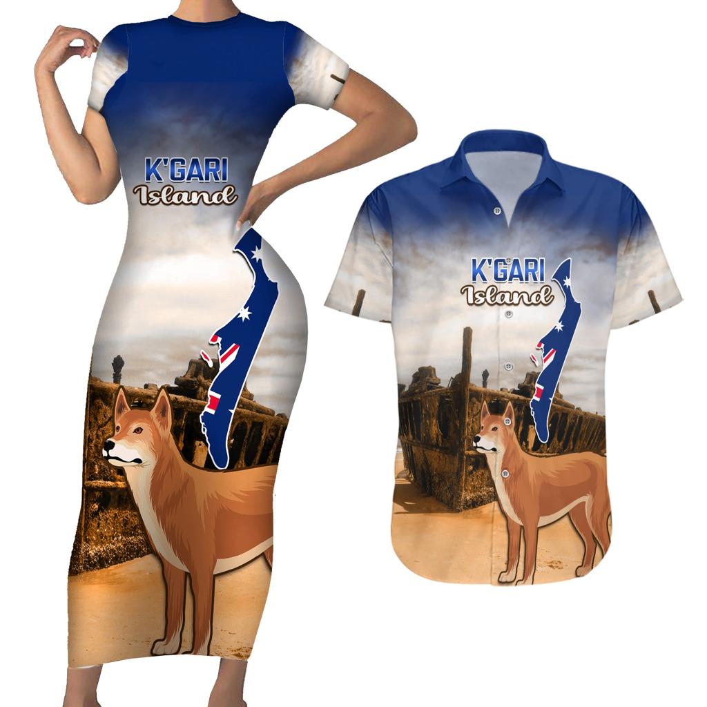 Australia Fraser Island Couples Matching Short Sleeve Bodycon Dress and Hawaiian Shirt Dingo With Maheno Shipwreck K'gari Proud
