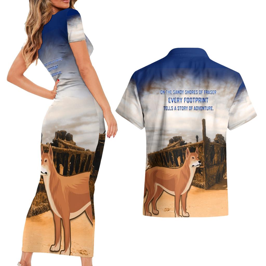 Australia Fraser Island Couples Matching Short Sleeve Bodycon Dress and Hawaiian Shirt Dingo With Maheno Shipwreck K'gari Proud